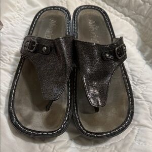 Alegria Black Metallic Thong Sandals with Buckle Accent